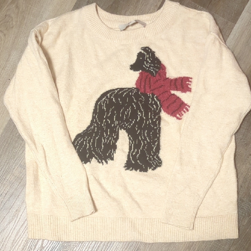 Cream Sweater with Dog and Red Scarf Design